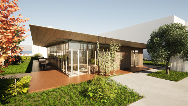 Construction d’un bâtiment de convivialité, salle de pause et de réception. Aménagement d’un jardin paysager